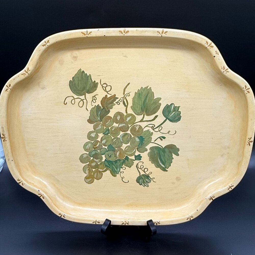 Vtg. 1969 Hand Painted Toleware Tray Signed by Artist with Green Grapes Motif